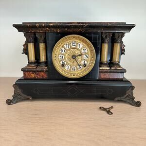 Seth Thomas Adamantine Wood 4 Marbled Column Mantle Clock Working w/Key